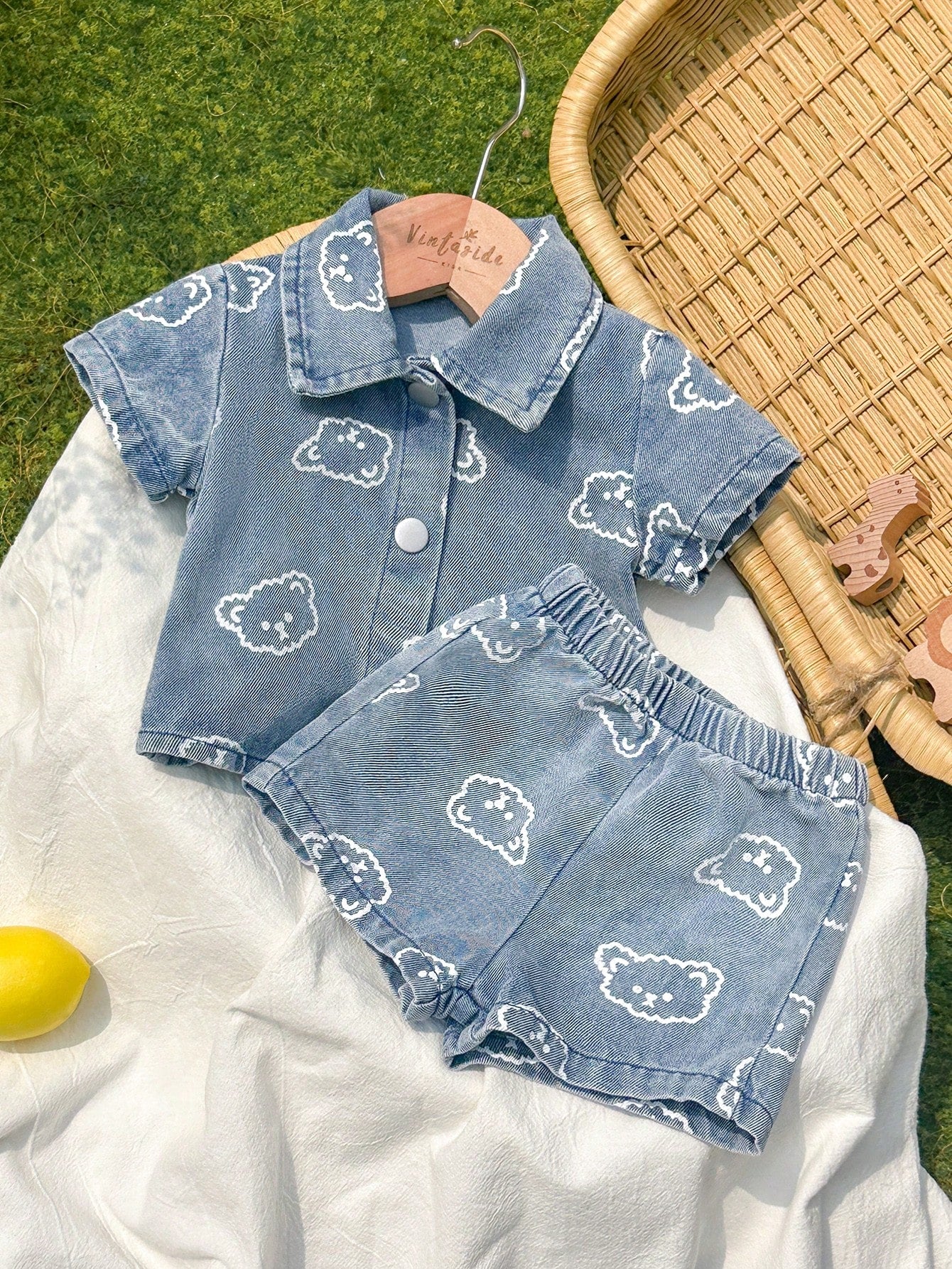 Vintaside Kids Newborn Cute Bear Head Print Soft Denim Collared 2 Pieces Set, Casual & Fashionable Summer Outfit