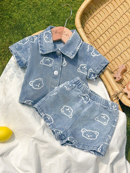 Vintaside Kids Newborn Cute Bear Head Print Soft Denim Collared 2 Pieces Set, Casual & Fashionable Summer Outfit