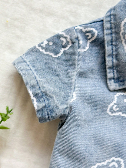 Vintaside Kids Newborn Cute Bear Head Print Soft Denim Collared 2 Pieces Set, Casual & Fashionable Summer Outfit