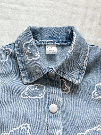 Vintaside Kids Newborn Cute Bear Head Print Soft Denim Collared 2 Pieces Set, Casual & Fashionable Summer Outfit