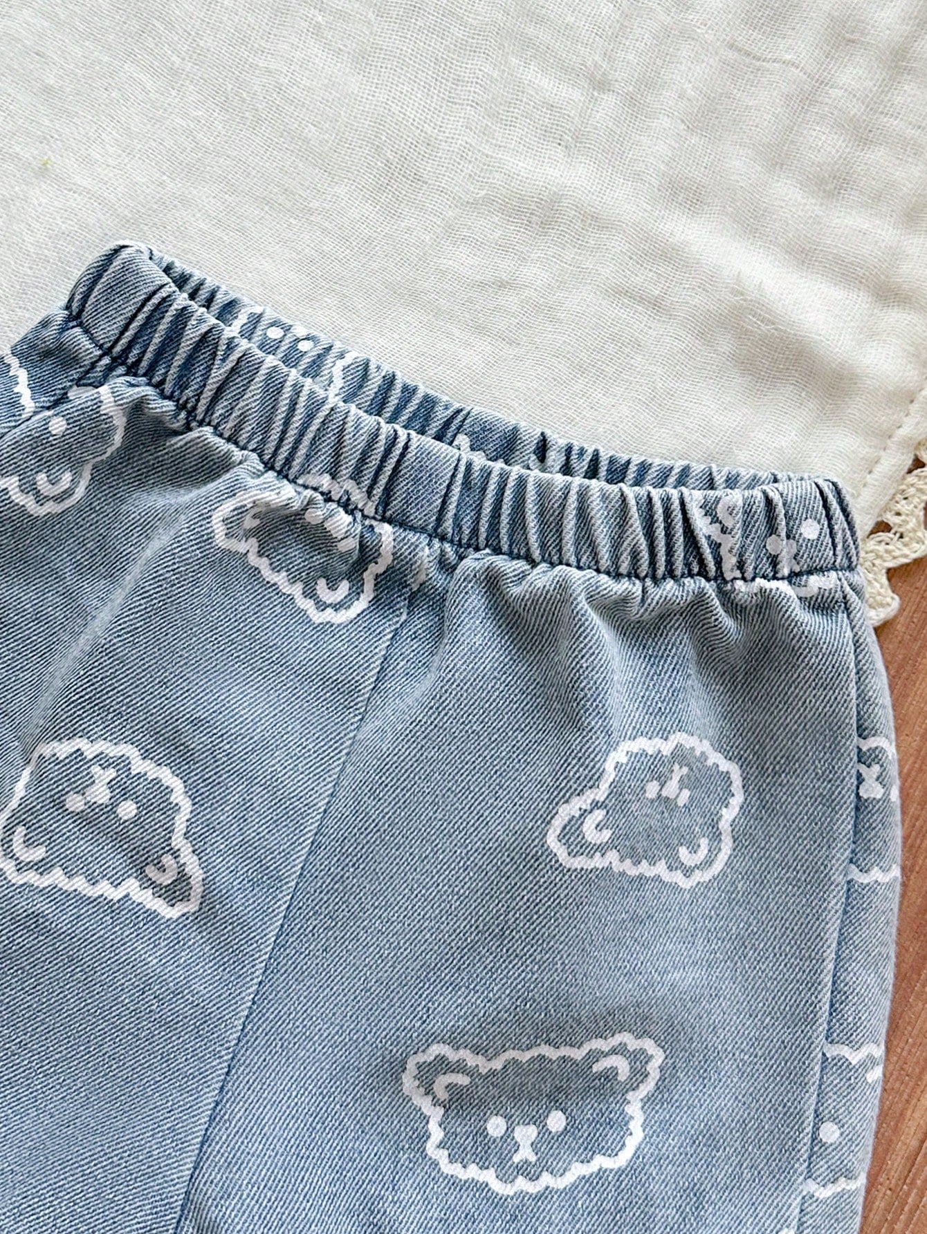 Vintaside Kids Newborn Cute Bear Head Print Soft Denim Collared 2 Pieces Set, Casual & Fashionable Summer Outfit