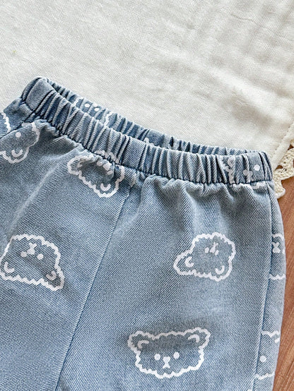 Vintaside Kids Newborn Cute Bear Head Print Soft Denim Collared 2 Pieces Set, Casual & Fashionable Summer Outfit
