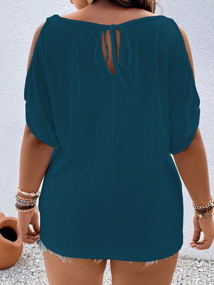 Vionelle Plus Size Women Summer Solid Color Open Shoulder Short Sleeve Casual T-Shirt