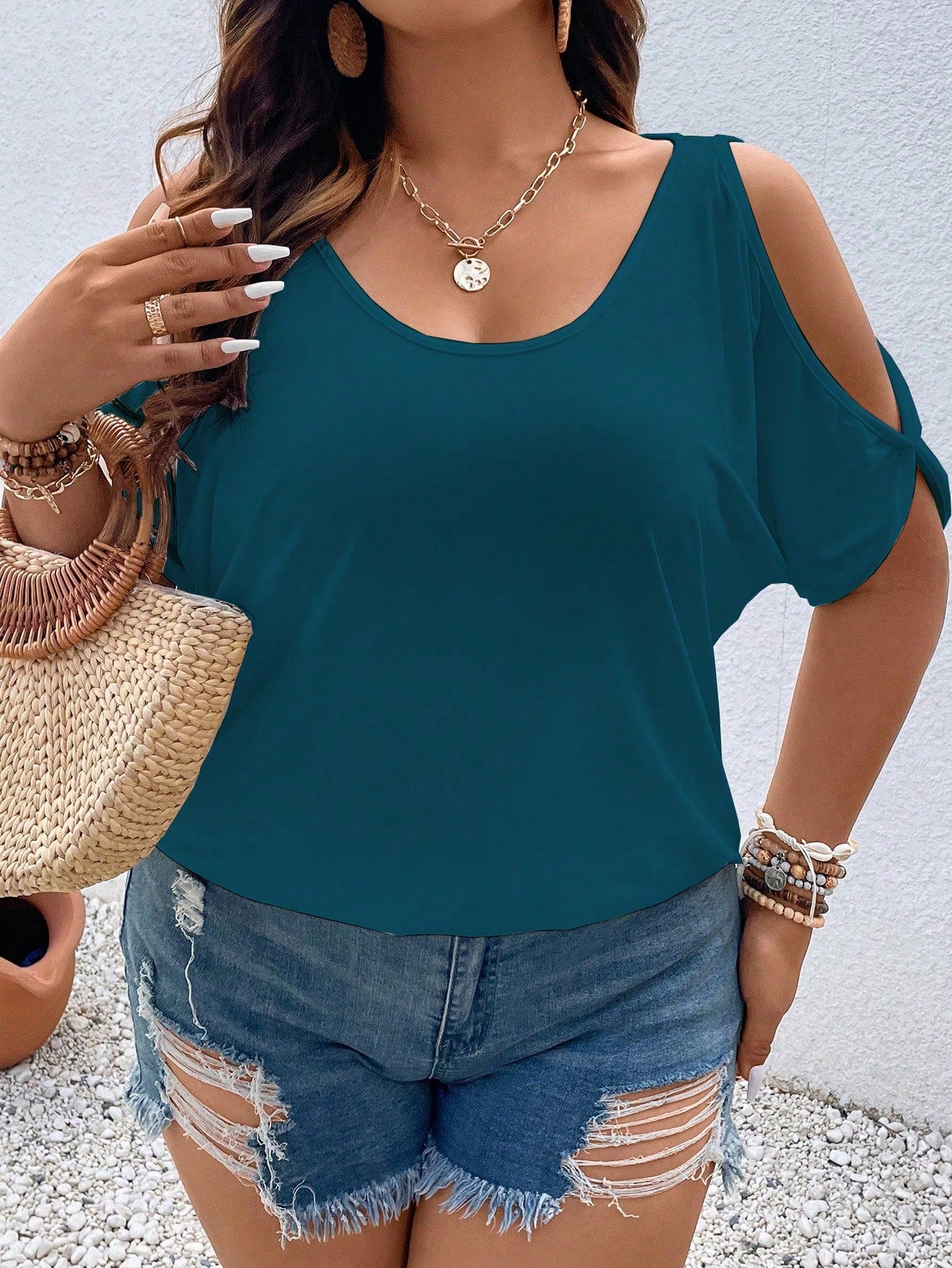 Vionelle Plus Size Women Summer Solid Color Open Shoulder Short Sleeve Casual T-Shirt