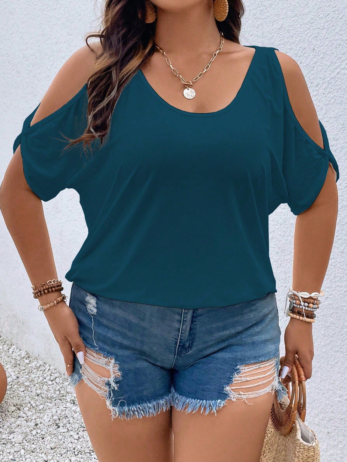 Vionelle Plus Size Women Summer Solid Color Open Shoulder Short Sleeve Casual T-Shirt