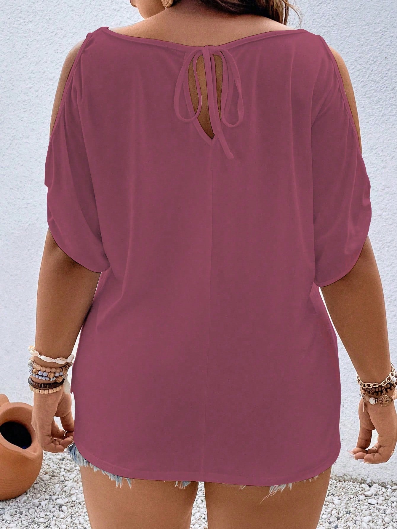 Vionelle Plus Size Women Summer Solid Color Open Shoulder Short Sleeve Casual T-Shirt