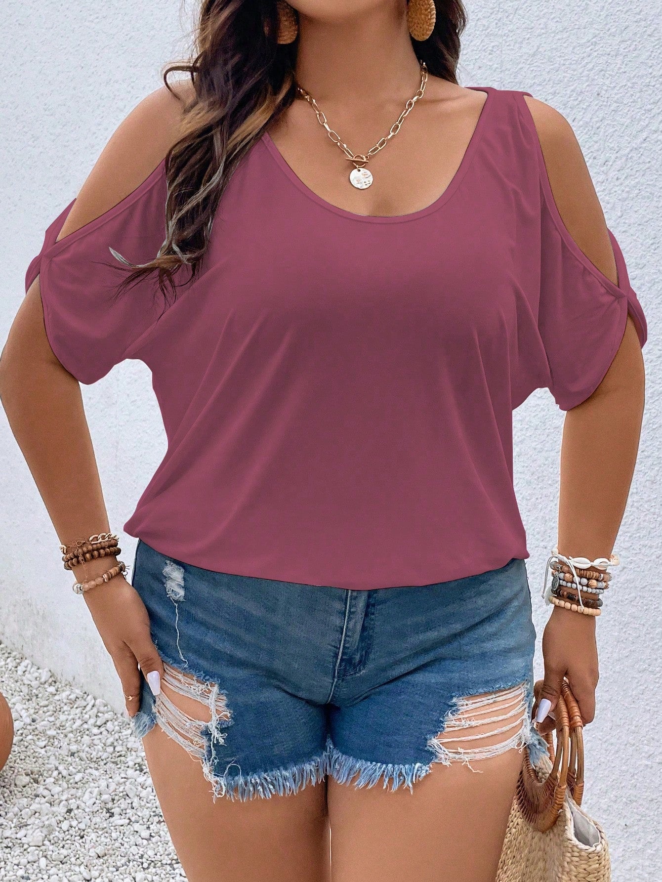 Vionelle Plus Size Women Summer Solid Color Open Shoulder Short Sleeve Casual T-Shirt