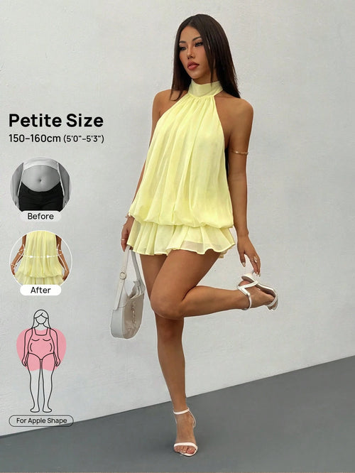 Vivamere Women's Elegant Pale Yellow Halter Tie Mini Dress,Summer Tropical Flowy Babydoll Short Dress,Suitable For Party,Date,Cocktail,Valentine's Day,Petite