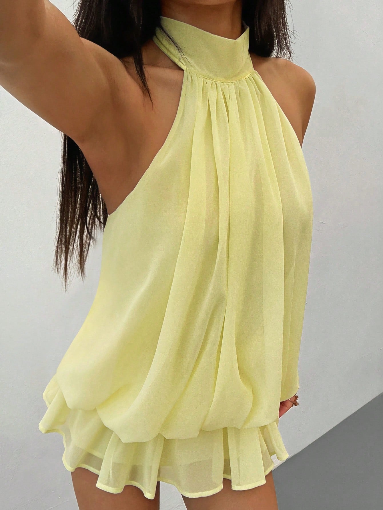 Vivamere Women's Elegant Pale Yellow Halter Tie Mini Dress,Summer Tropical Flowy Babydoll Short Dress,Suitable For Party,Date,Cocktail,Valentine's Day,Petite