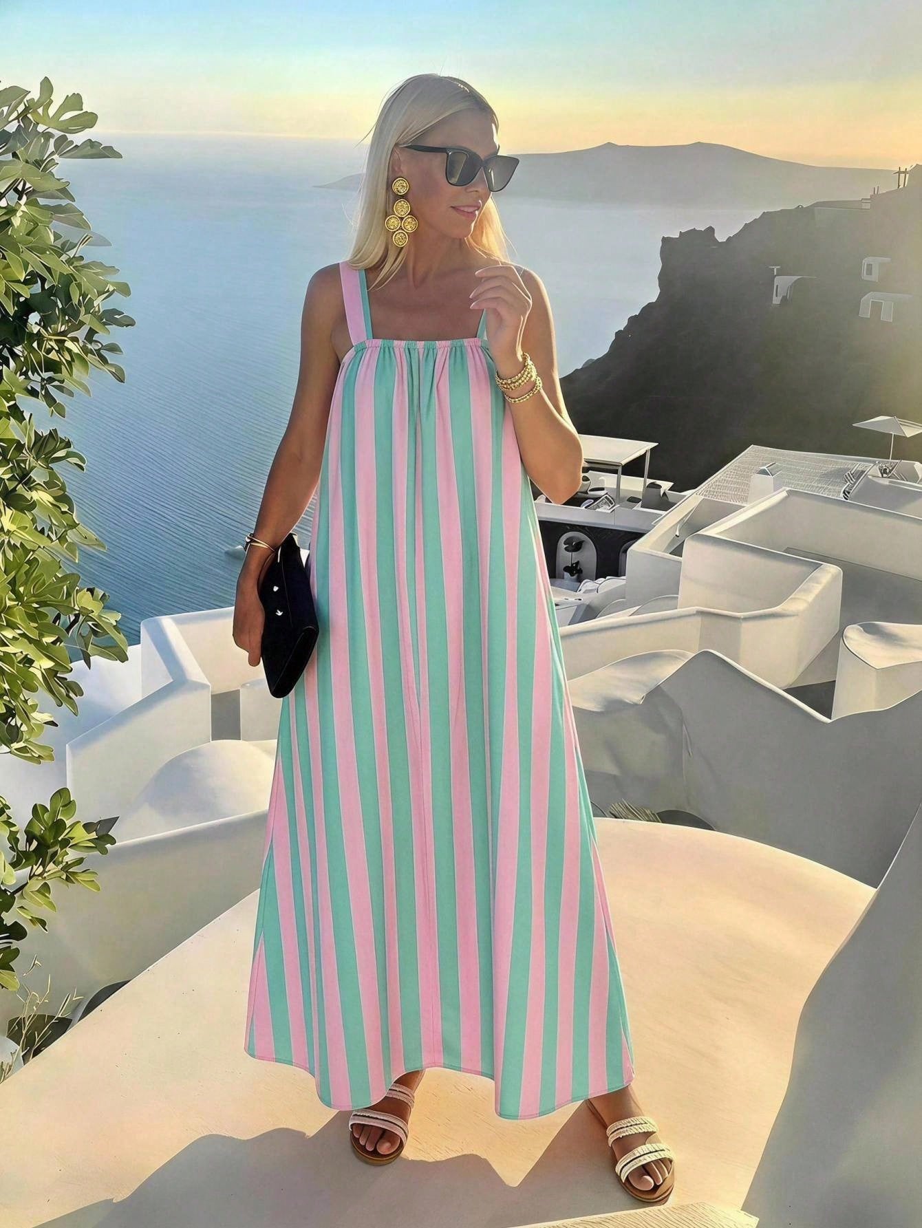 Vivid Eden Color Block Striped Sundress For Vacation, Wide Straps Open Back With Double Bow Ties Flowy Midi Summer Beach Outfits For Woman, Beach, Vacation