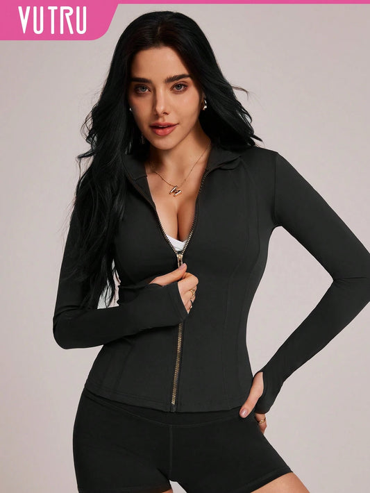 VUTRU Women's Fitted Sports Jacket With Thumb Hole, Stand Collar Outerwear