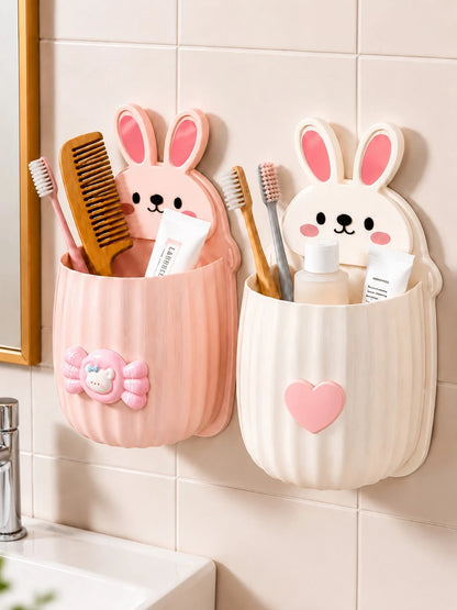 Wall-Mounted Toothbrush & Toothpaste Holder, Multi-Color Options, 1pc Cute Rabbit Storage Rack + Heart Decoration/Bow Decoration, Space-Saving, Bathroom Decor Accessory, Suitable For Sink And Bathroom