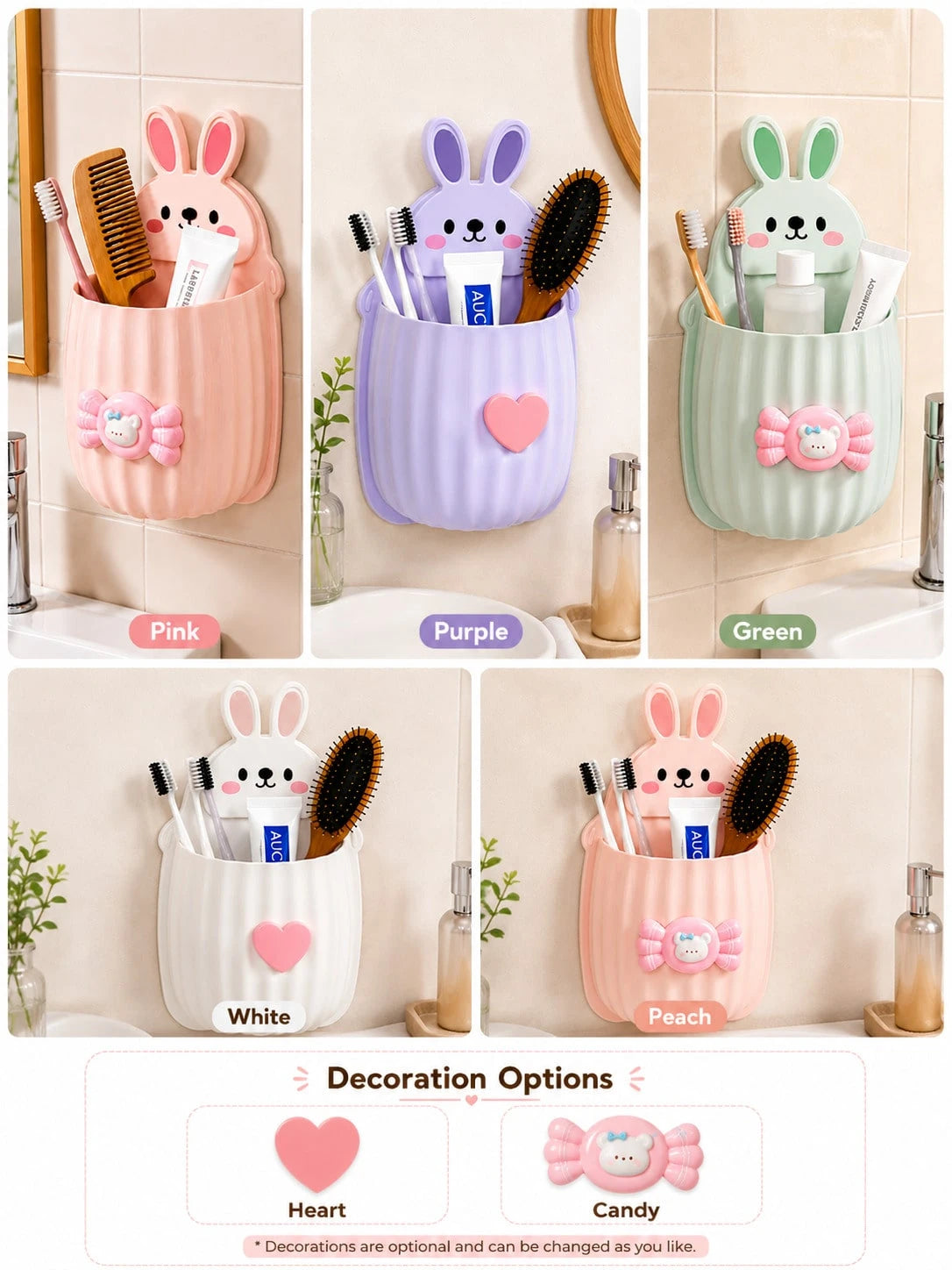 Wall-Mounted Toothbrush & Toothpaste Holder, Multi-Color Options, 1pc Cute Rabbit Storage Rack + Heart Decoration/Bow Decoration, Space-Saving, Bathroom Decor Accessory, Suitable For Sink And Bathroom