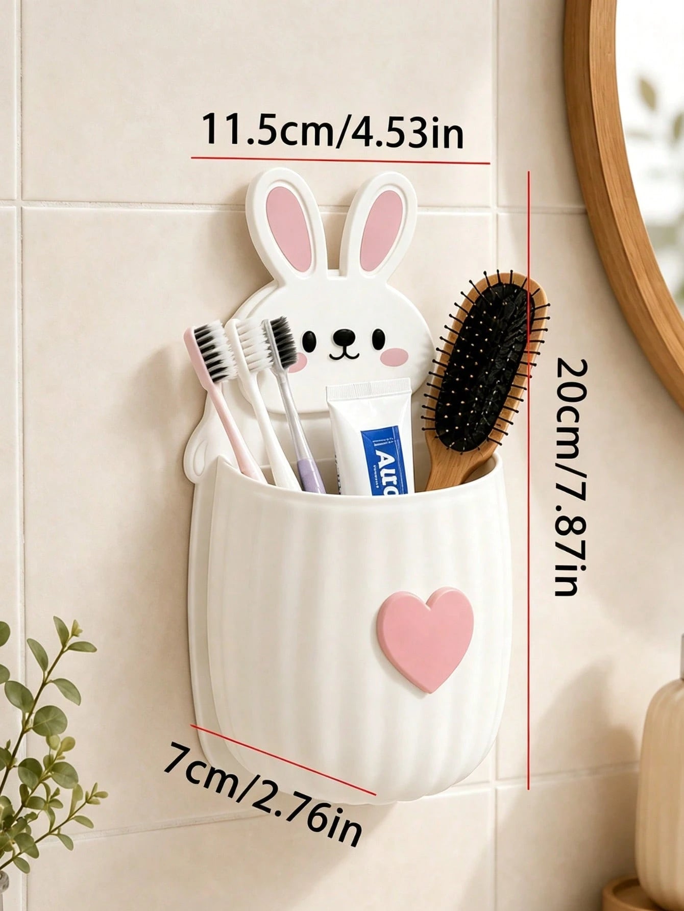 Wall-Mounted Toothbrush & Toothpaste Holder, Multi-Color Options, 1pc Cute Rabbit Storage Rack + Heart Decoration/Bow Decoration, Space-Saving, Bathroom Decor Accessory, Suitable For Sink And Bathroom