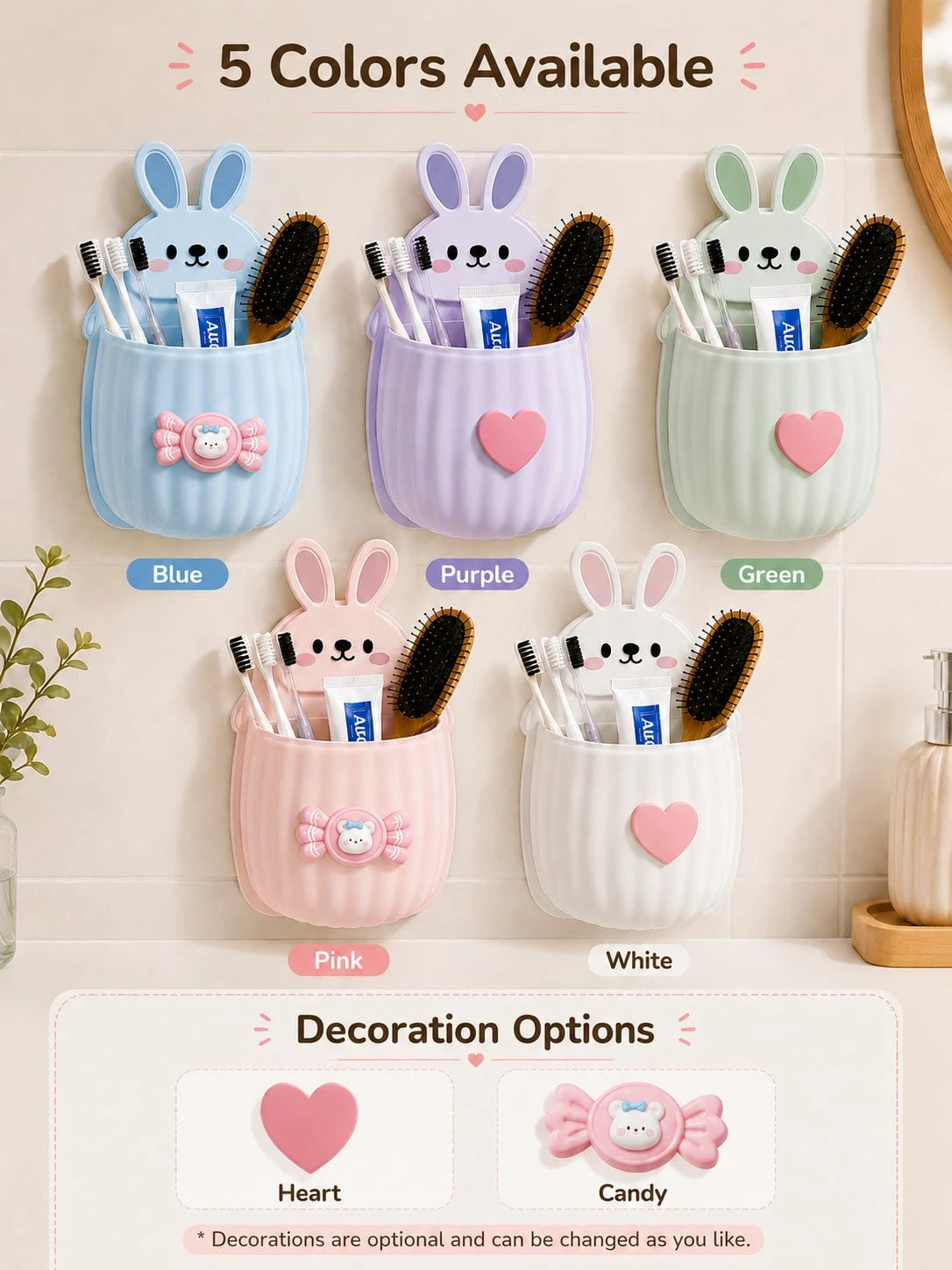 Wall-Mounted Toothbrush & Toothpaste Holder, Multi-Color Options, 1pc Cute Rabbit Storage Rack + Heart Decoration/Bow Decoration, Space-Saving, Bathroom Decor Accessory, Suitable For Sink And Bathroom