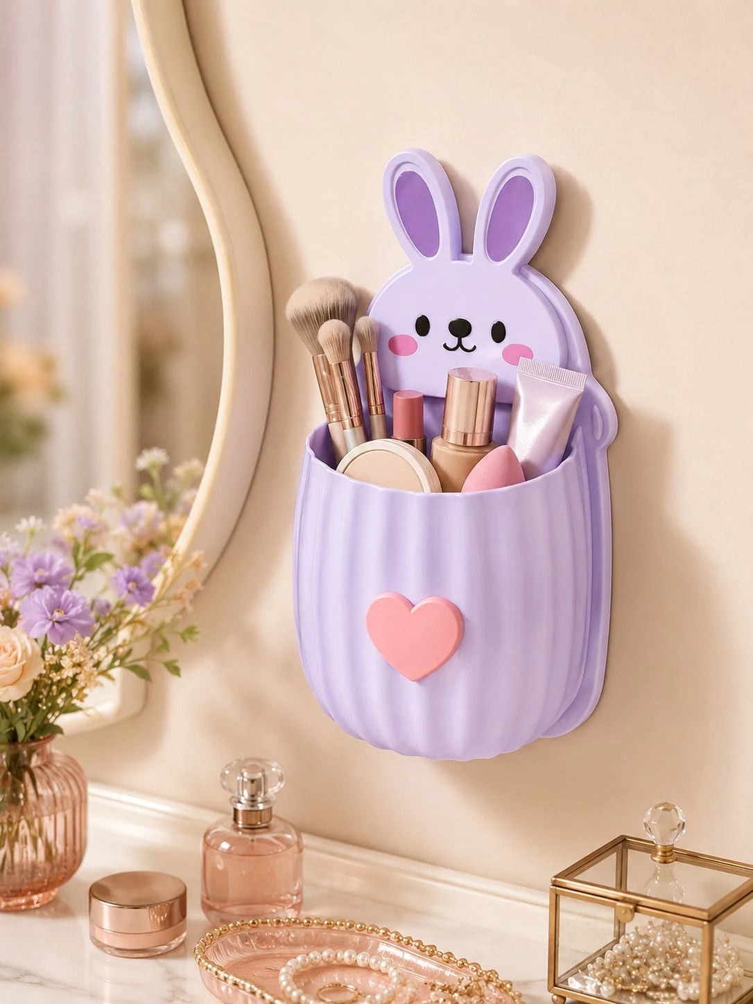 Wall-Mounted Toothbrush & Toothpaste Holder, Multi-Color Options, 1pc Cute Rabbit Storage Rack + Heart Decoration/Bow Decoration, Space-Saving, Bathroom Decor Accessory, Suitable For Sink And Bathroom
