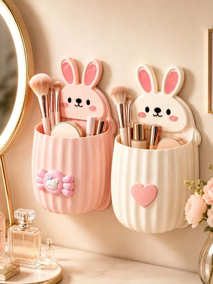 Wall-Mounted Toothbrush & Toothpaste Holder, Multi-Color Options, 1pc Cute Rabbit Storage Rack + Heart Decoration/Bow Decoration, Space-Saving, Bathroom Decor Accessory, Suitable For Sink And Bathroom