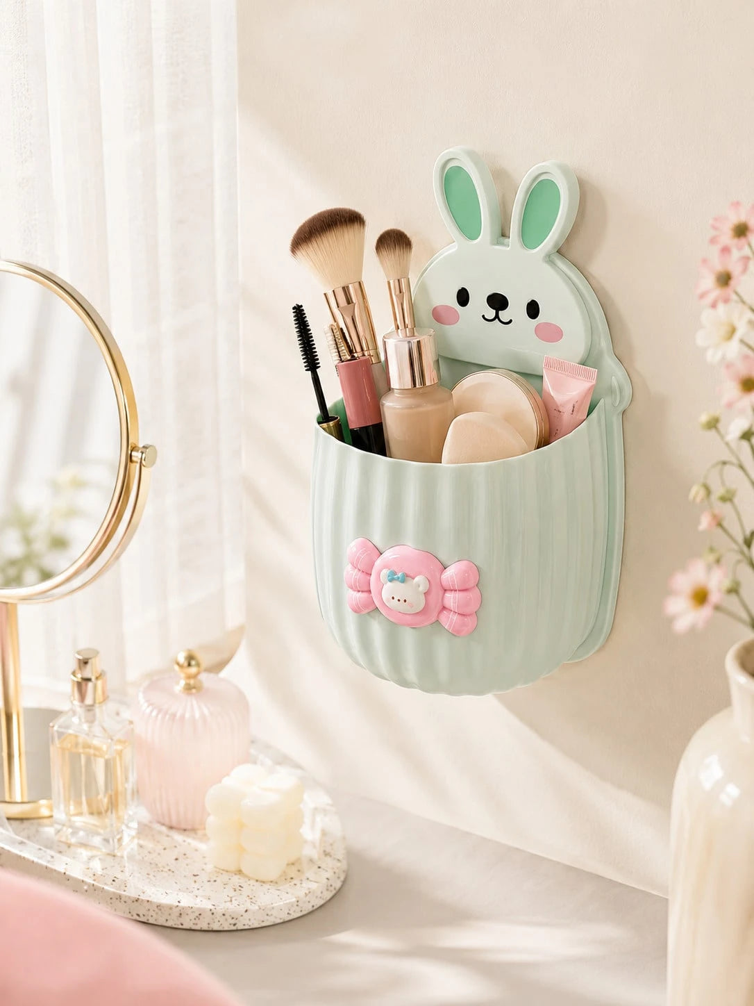 Wall-Mounted Toothbrush & Toothpaste Holder, Multi-Color Options, 1pc Cute Rabbit Storage Rack + Heart Decoration/Bow Decoration, Space-Saving, Bathroom Decor Accessory, Suitable For Sink And Bathroom