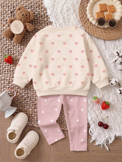 Warm Oatmeal Color, Cute Sweet Girl Bow Bear Applique Embroidery Pattern, Baby Girl Casual Soft Comfortable Loose Crew Neck Pullover Sweatshirt And Casual Brushed Leggings 2-Piece Set, Suitable For Au