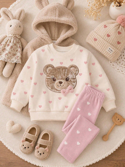 Warm Oatmeal Color, Cute Sweet Girl Bow Bear Applique Embroidery Pattern, Baby Girl Casual Soft Comfortable Loose Crew Neck Pullover Sweatshirt And Casual Brushed Leggings 2-Piece Set, Suitable For Au