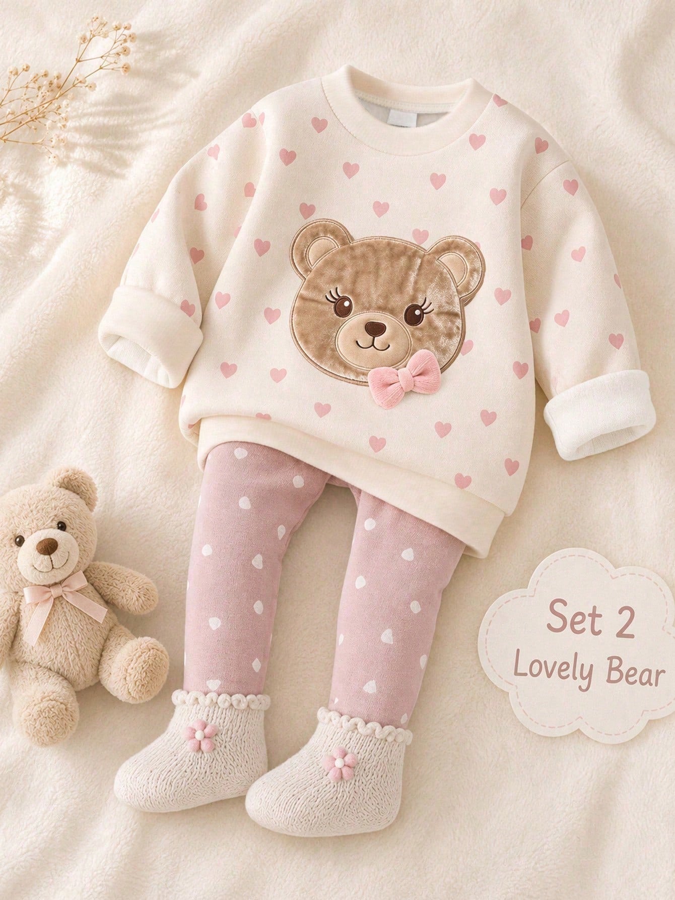Warm Oatmeal Color, Cute Sweet Girl Bow Bear Applique Embroidery Pattern, Baby Girl Casual Soft Comfortable Loose Crew Neck Pullover Sweatshirt And Casual Brushed Leggings 2-Piece Set, Suitable For Au