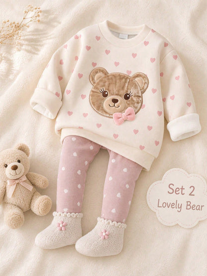Warm Oatmeal Color, Cute Sweet Girl Bow Bear Applique Embroidery Pattern, Baby Girl Casual Soft Comfortable Loose Crew Neck Pullover Sweatshirt And Casual Brushed Leggings 2-Piece Set, Suitable For Au