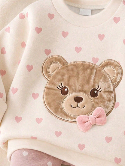 Warm Oatmeal Color, Cute Sweet Girl Bow Bear Applique Embroidery Pattern, Baby Girl Casual Soft Comfortable Loose Crew Neck Pullover Sweatshirt And Casual Brushed Leggings 2-Piece Set, Suitable For Au