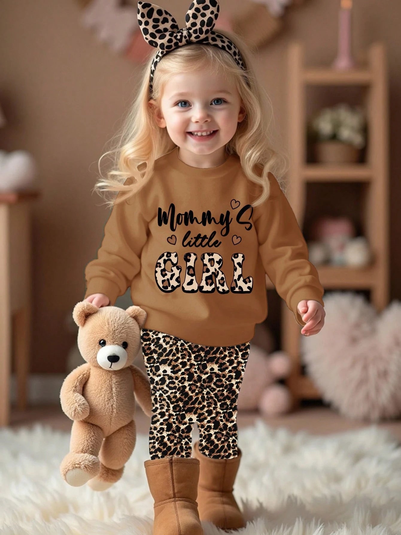 Warm Oatmeal Color, Cute Sweet Girl Bow Bear Applique Embroidery Pattern, Baby Girl Casual Soft Comfortable Loose Crew Neck Pullover Sweatshirt And Casual Brushed Leggings 2-Piece Set, Suitable For Au