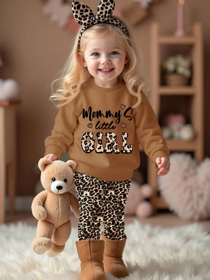 Warm Oatmeal Color, Cute Sweet Girl Bow Bear Applique Embroidery Pattern, Baby Girl Casual Soft Comfortable Loose Crew Neck Pullover Sweatshirt And Casual Brushed Leggings 2-Piece Set, Suitable For Au
