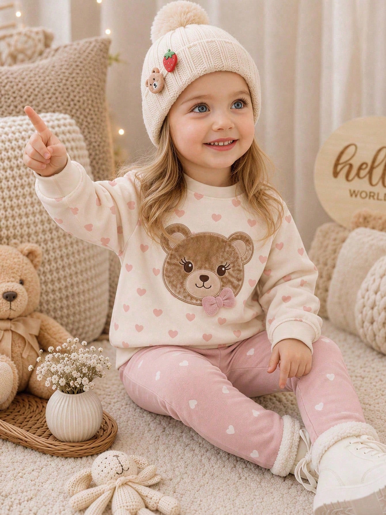 Warm Oatmeal Color, Cute Sweet Girl Bow Bear Applique Embroidery Pattern, Baby Girl Casual Soft Comfortable Loose Crew Neck Pullover Sweatshirt And Casual Brushed Leggings 2-Piece Set, Suitable For Au