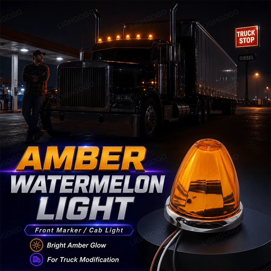 Watermelon-Shaped Warning Lights, Amber-Colored Four-Light Assembly, Watermelon-Shaped Side Marker Lights/Positioning Lights/Taillights/Roof Lights.