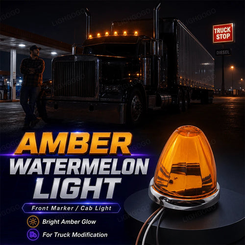Watermelon-Shaped Warning Lights, Amber-Colored Four-Light Assembly, Watermelon-Shaped Side Marker Lights/Positioning Lights/Taillights/Roof Lights.