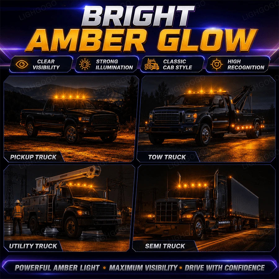 Watermelon-Shaped Warning Lights, Amber-Colored Four-Light Assembly, Watermelon-Shaped Side Marker Lights/Positioning Lights/Taillights/Roof Lights.