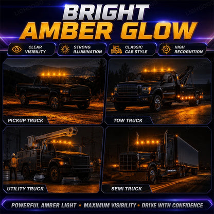 Watermelon-Shaped Warning Lights, Amber-Colored Four-Light Assembly, Watermelon-Shaped Side Marker Lights/Positioning Lights/Taillights/Roof Lights.