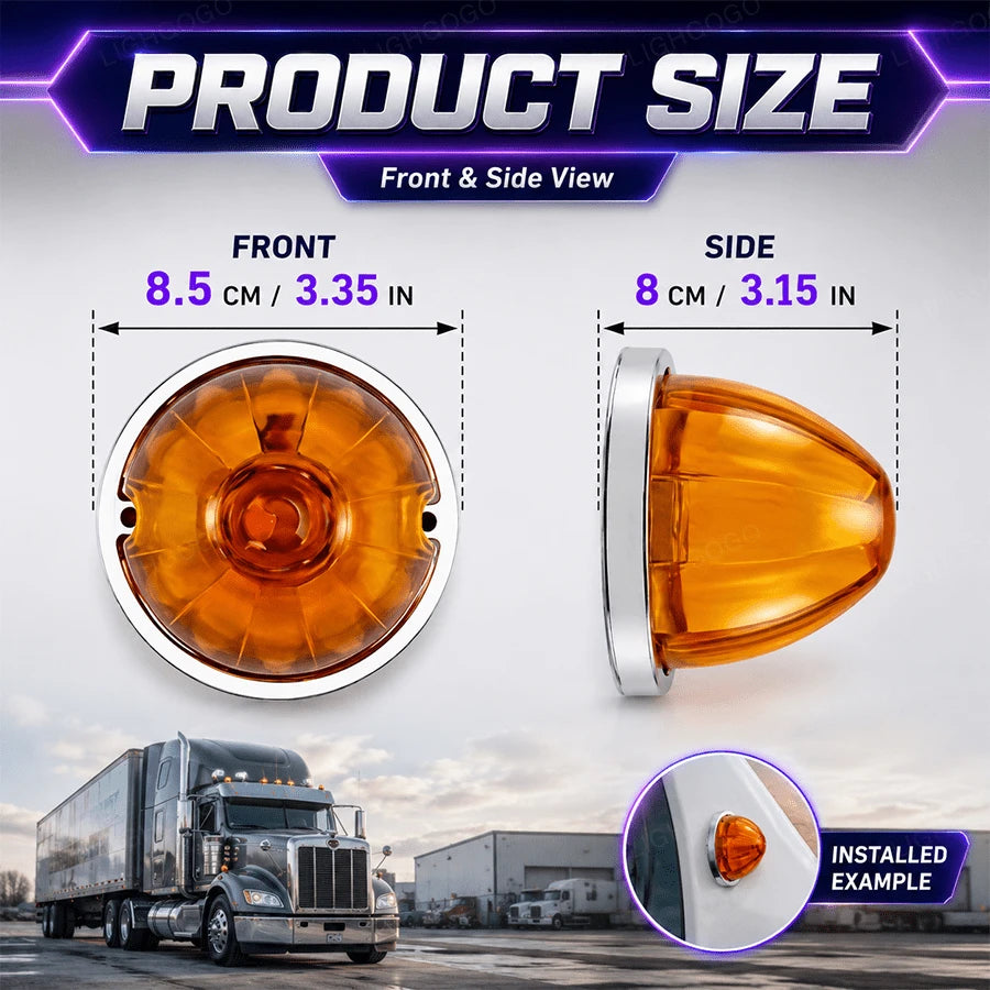Watermelon-Shaped Warning Lights, Amber-Colored Four-Light Assembly, Watermelon-Shaped Side Marker Lights/Positioning Lights/Taillights/Roof Lights.