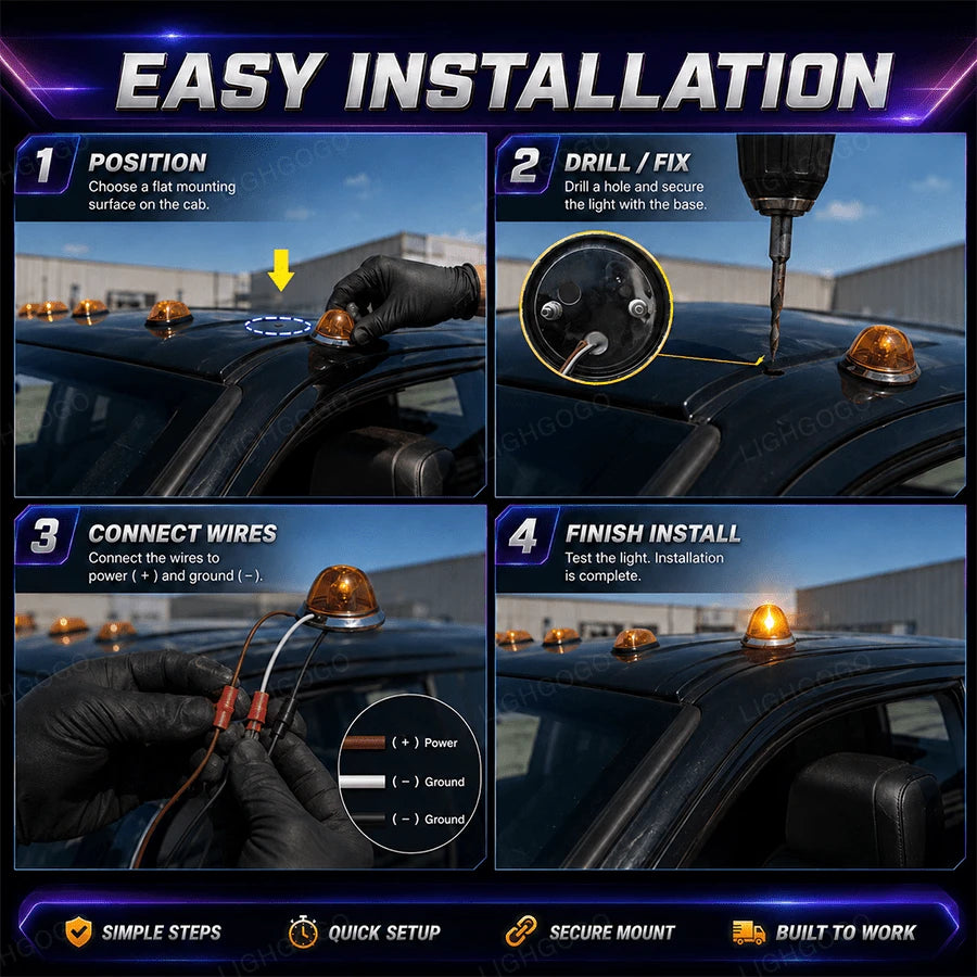 Watermelon-Shaped Warning Lights, Amber-Colored Four-Light Assembly, Watermelon-Shaped Side Marker Lights/Positioning Lights/Taillights/Roof Lights.