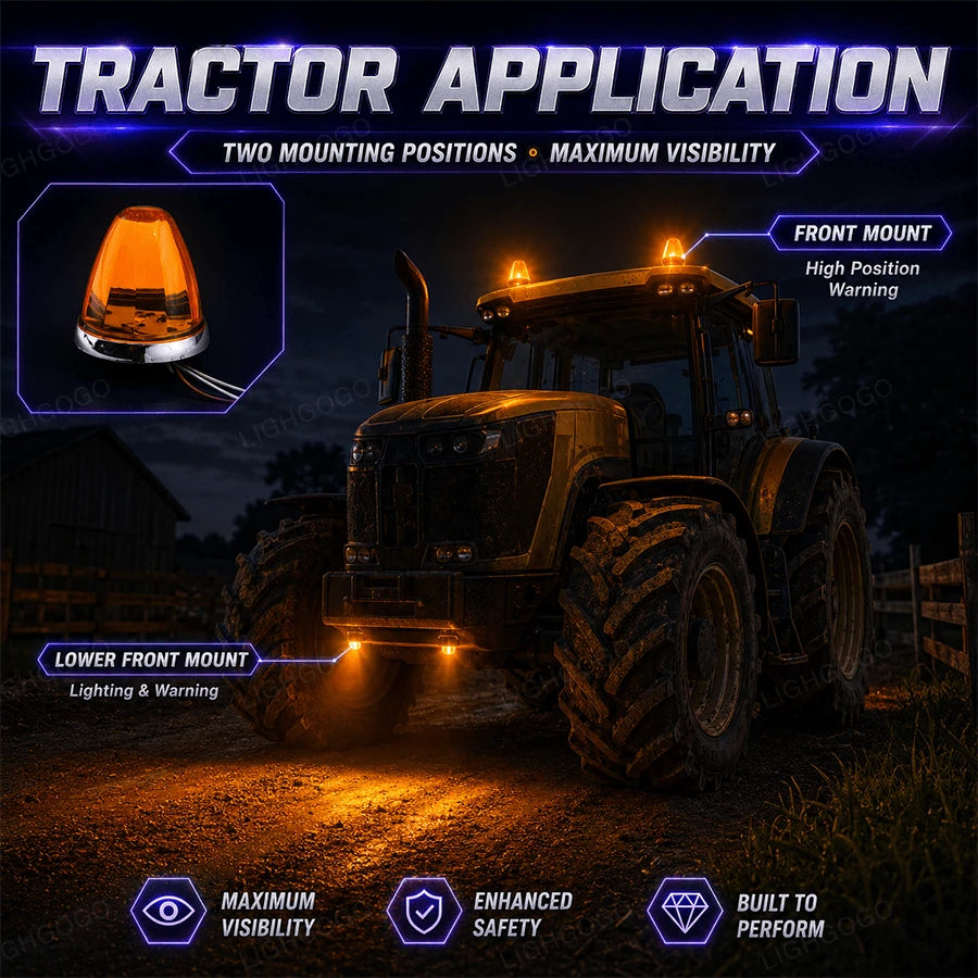 Watermelon-Shaped Warning Lights, Amber-Colored Four-Light Assembly, Watermelon-Shaped Side Marker Lights/Positioning Lights/Taillights/Roof Lights.