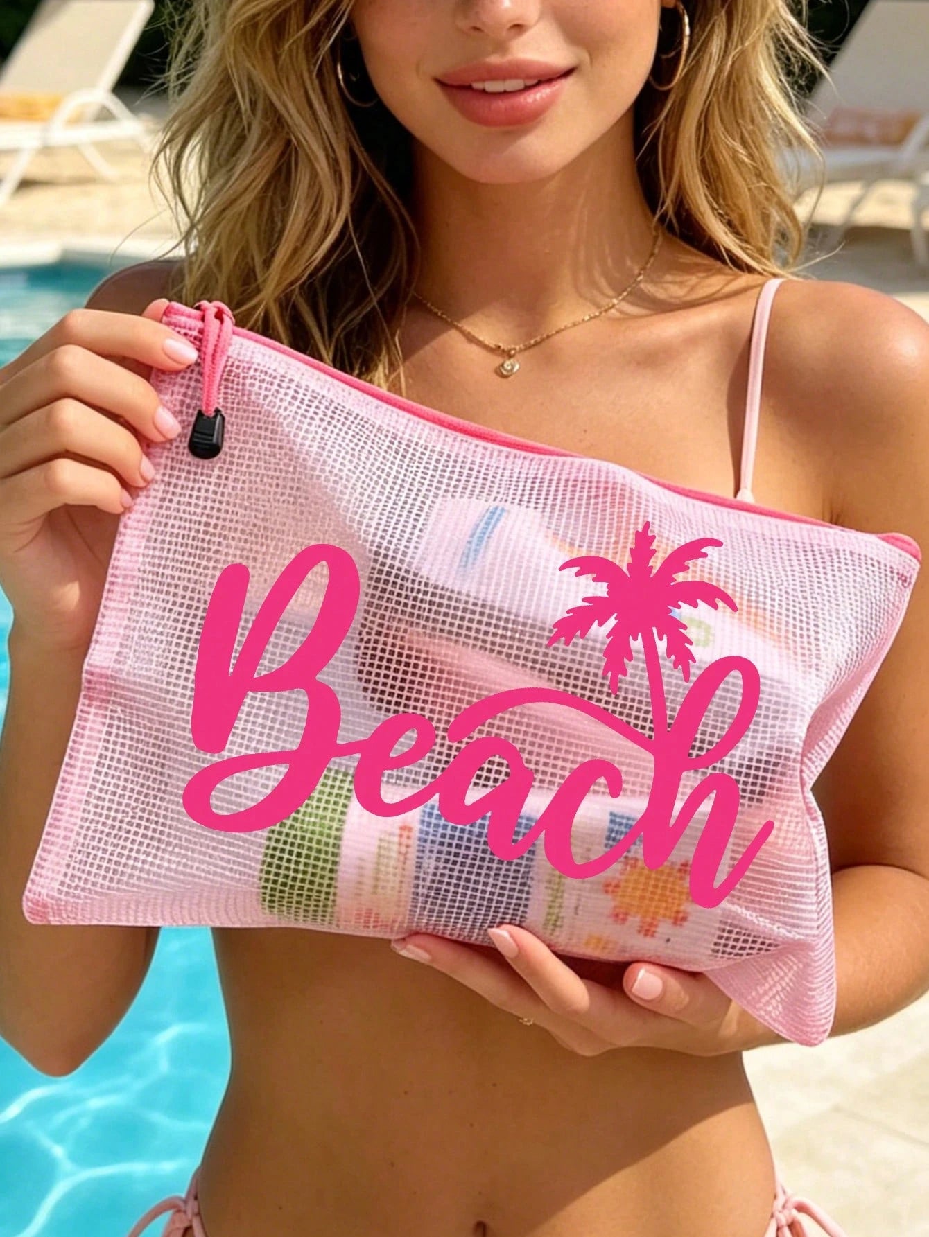 Waterproof Fashion Beach Bag With "Beach" Coconut Tree Pattern, Large Capacity, Transparent, Nylon Zipper, Lightweight, Suitable For Spring/Summer Storage, Especially For Swimming, Beach, Diving And S