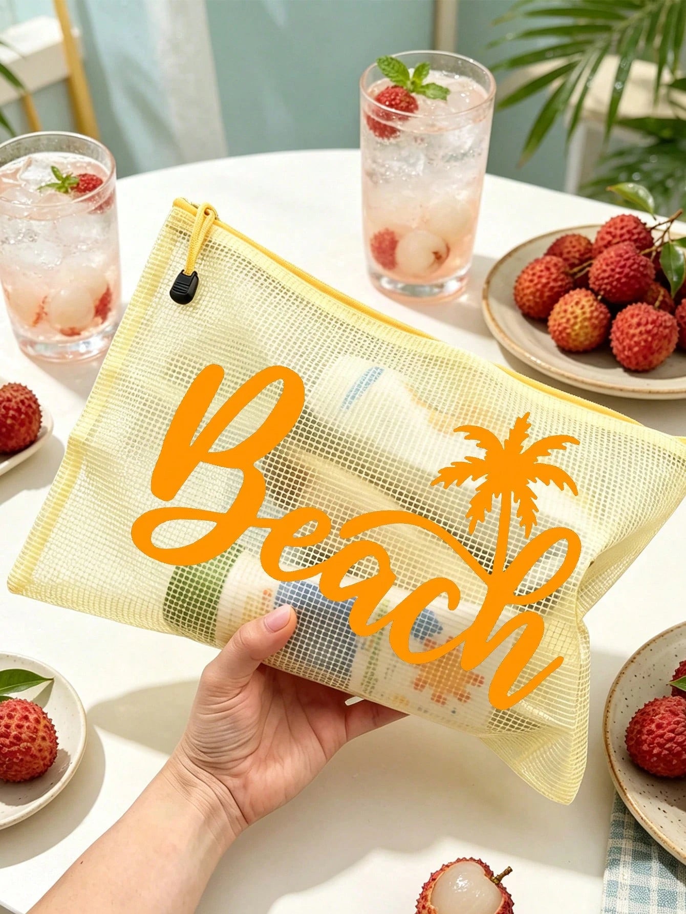 Waterproof Fashion Beach Bag With "Beach" Coconut Tree Pattern, Large Capacity, Transparent, Nylon Zipper, Lightweight, Suitable For Spring/Summer Storage, Especially For Swimming, Beach, Diving And S