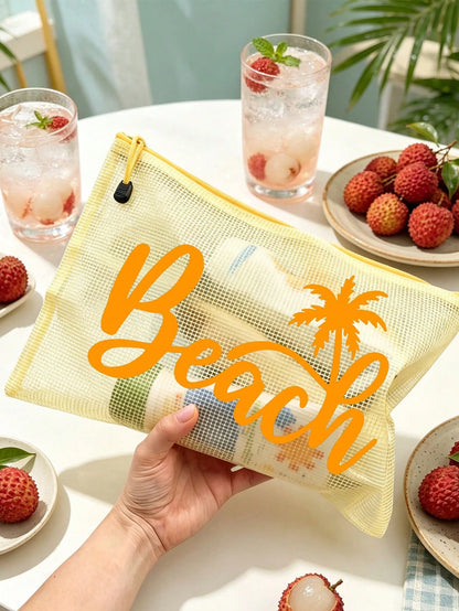 Waterproof Fashion Beach Bag With "Beach" Coconut Tree Pattern, Large Capacity, Transparent, Nylon Zipper, Lightweight, Suitable For Spring/Summer Storage, Especially For Swimming, Beach, Diving And S