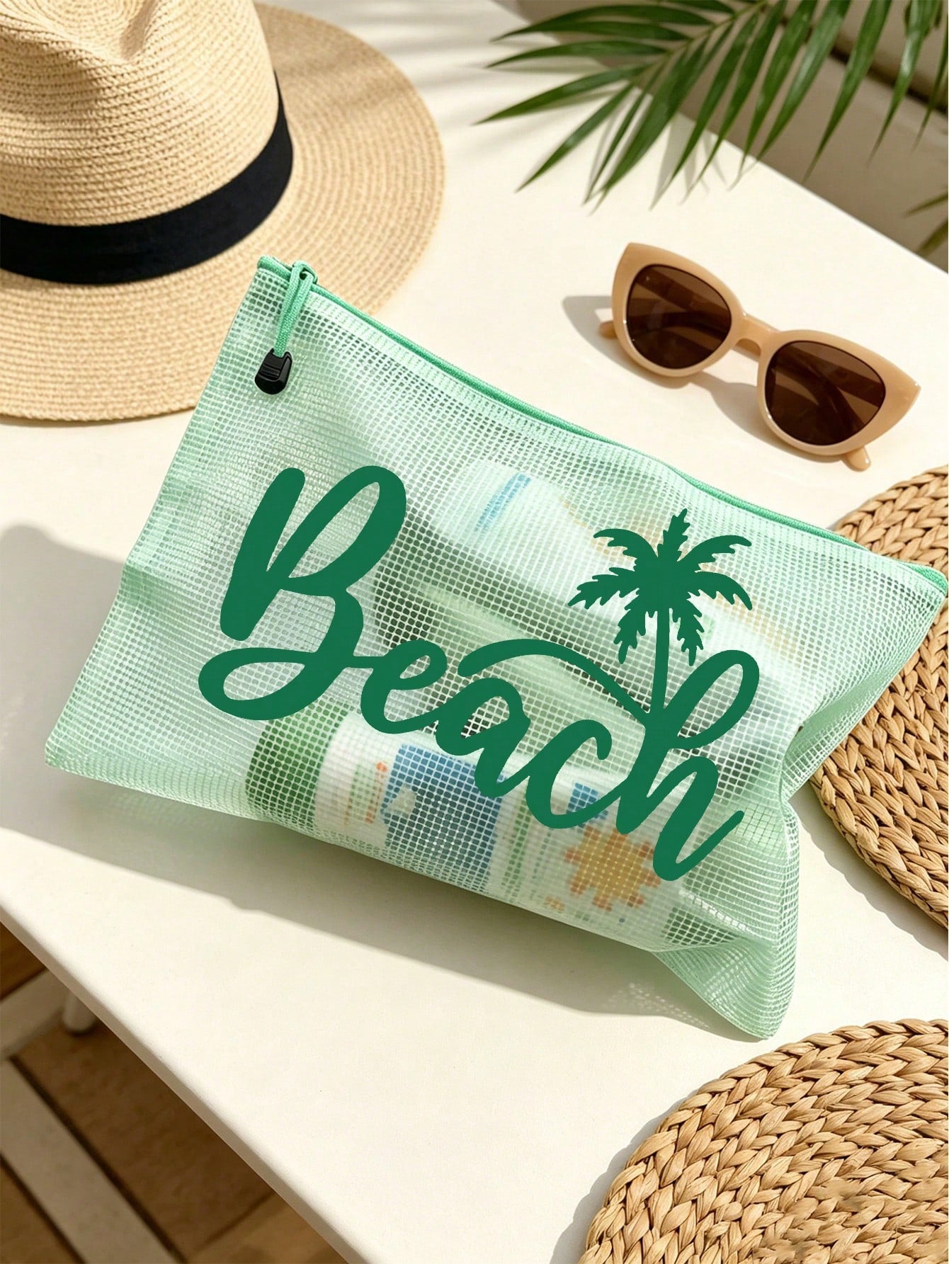 Waterproof Fashion Beach Bag With "Beach" Coconut Tree Pattern, Large Capacity, Transparent, Nylon Zipper, Lightweight, Suitable For Spring/Summer Storage, Especially For Swimming, Beach, Diving And S