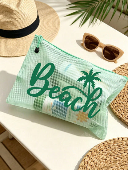 Waterproof Fashion Beach Bag With "Beach" Coconut Tree Pattern, Large Capacity, Transparent, Nylon Zipper, Lightweight, Suitable For Spring/Summer Storage, Especially For Swimming, Beach, Diving And S