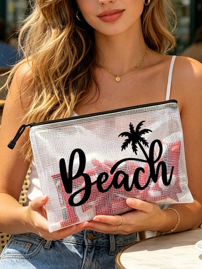 Waterproof Fashion Beach Bag With "Beach" Coconut Tree Pattern, Large Capacity, Transparent, Nylon Zipper, Lightweight, Suitable For Spring/Summer Storage, Especially For Swimming, Beach, Diving And S