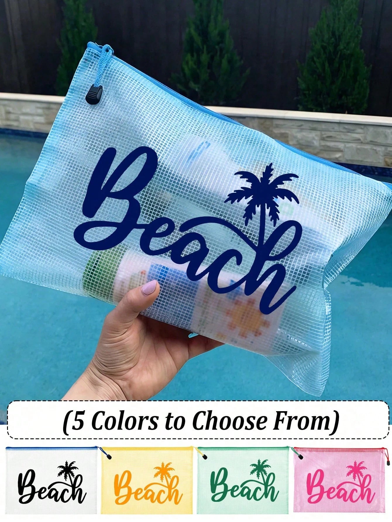 Waterproof Fashion Beach Bag With "Beach" Coconut Tree Pattern, Large Capacity, Transparent, Nylon Zipper, Lightweight, Suitable For Spring/Summer Storage, Especially For Swimming, Beach, Diving And S