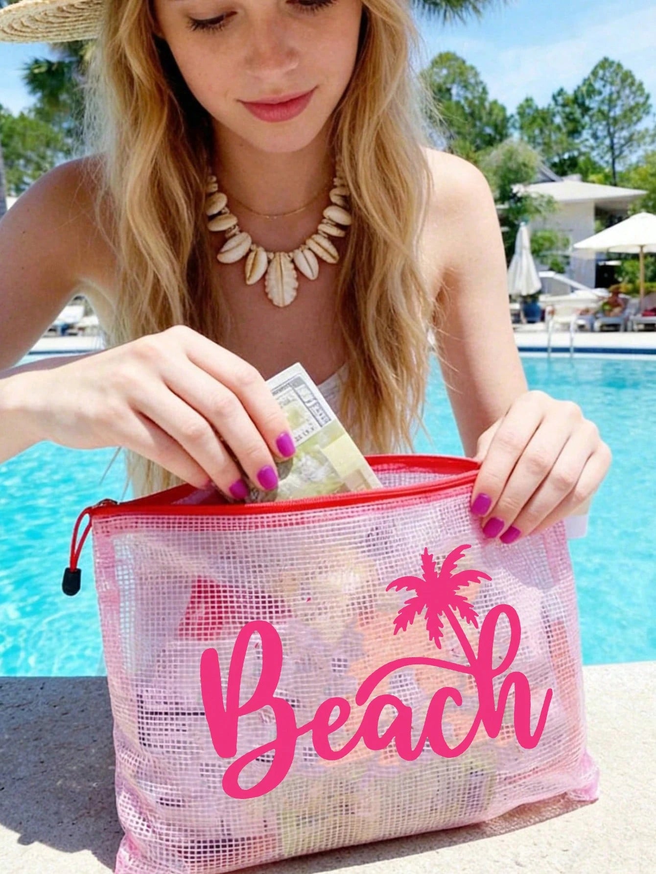 Waterproof Fashion Beach Bag With "Beach" Coconut Tree Pattern, Large Capacity, Transparent, Nylon Zipper, Lightweight, Suitable For Spring/Summer Storage, Especially For Swimming, Beach, Diving And S
