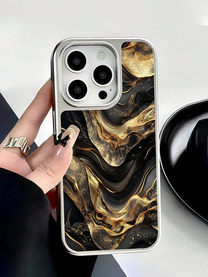 WeiMi 1pc Stylish Black & Gold Graphic Electroplated Waterproof Shockproof Anti-Slip Phone Case, Compatible With Apple Phones