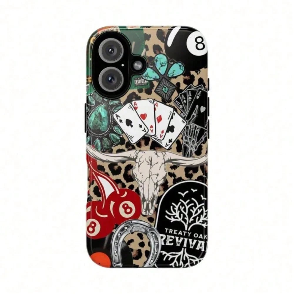 Western Leopard Print Poker Bull Cherry Black Hard Shell Creative Personalized Apple 2-In-1 Drop-Proof Phone Case For IPhone 17, 16 Pro Max, 17 Air, 15 Plus, 14, 13, 12, 11 Pro Max, 7/8 Plus Series Pr