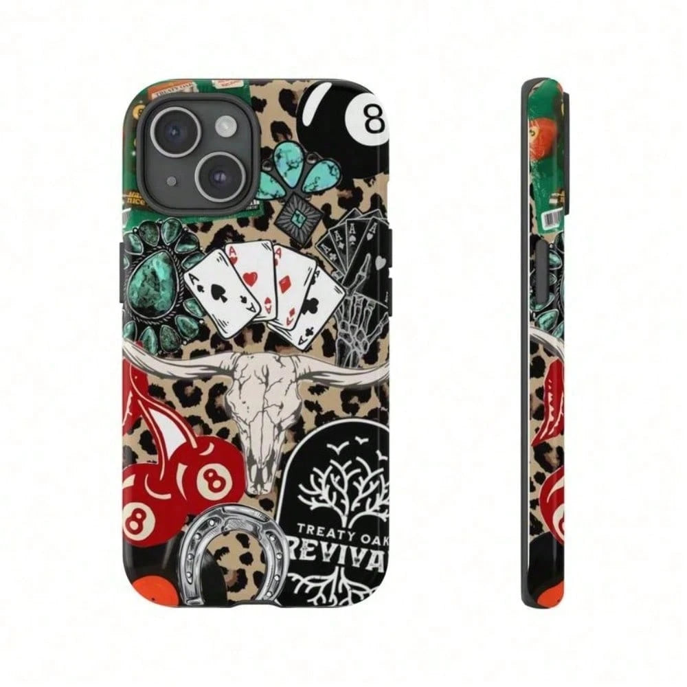 Western Leopard Print Poker Bull Cherry Black Hard Shell Creative Personalized Apple 2-In-1 Drop-Proof Phone Case For IPhone 17, 16 Pro Max, 17 Air, 15 Plus, 14, 13, 12, 11 Pro Max, 7/8 Plus Series Pr