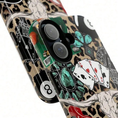 Western Leopard Print Poker Bull Cherry Black Hard Shell Creative Personalized Apple 2-In-1 Drop-Proof Phone Case For IPhone 17, 16 Pro Max, 17 Air, 15 Plus, 14, 13, 12, 11 Pro Max, 7/8 Plus Series Pr