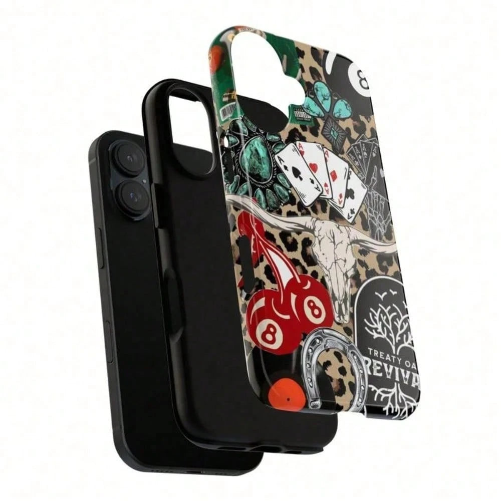 Western Leopard Print Poker Bull Cherry Black Hard Shell Creative Personalized Apple 2-In-1 Drop-Proof Phone Case For IPhone 17, 16 Pro Max, 17 Air, 15 Plus, 14, 13, 12, 11 Pro Max, 7/8 Plus Series Pr
